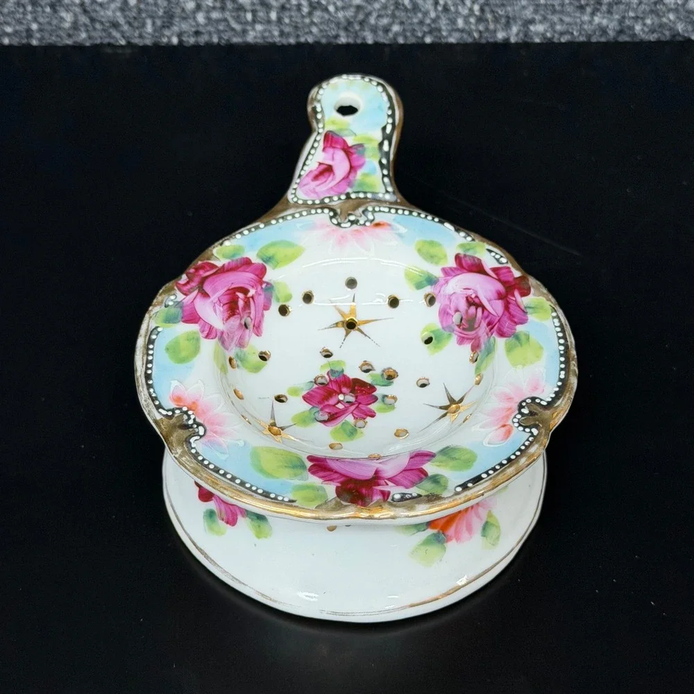 Vintage Japan Porcelain Tea Strainer Drip Bowl Pink Roses Gold Gilt Floral Set